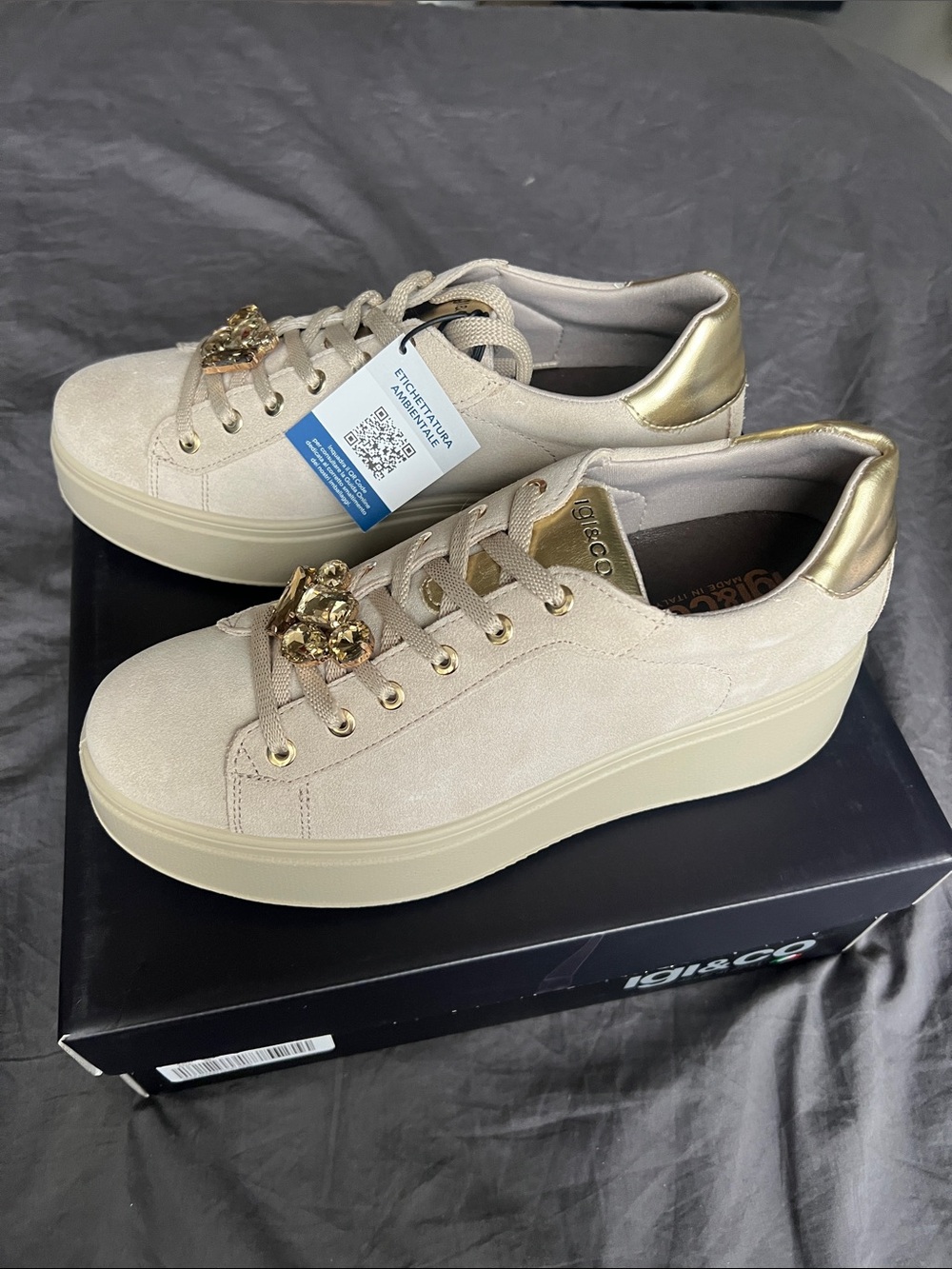 Platform Lace-Up Sneakers with Gold Accent - Beige